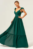 Dark Green A Line Off The Shoulder Chiffon Ruched Long Bridesmaid Dress