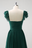 Dark Green A Line Off The Shoulder Chiffon Ruched Floor Length Bridesmaid Dress