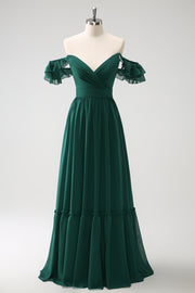 Dark Green A Line Off The Shoulder Chiffon Ruched Floor Length Bridesmaid Dress