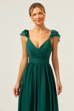 Dark Green A Line Off The Shoulder Chiffon Ruched Long Bridesmaid Dress