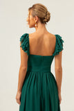 Dark Green A Line Off The Shoulder Chiffon Ruched Long Bridesmaid Dress