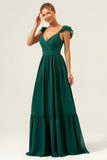 Dark Green A Line Off The Shoulder Chiffon Ruched Long Bridesmaid Dress