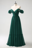 Dark Green A Line Off The Shoulder Chiffon Ruched Floor Length Bridesmaid Dress