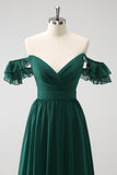 Dark Green A Line Off The Shoulder Chiffon Ruched Floor Length Bridesmaid Dress