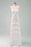 White Mermaid Spaghetti Straps Floor Length Wedding Dress with Ruffles