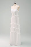 White Mermaid Spaghetti Straps Floor Length Wedding Dress with Ruffles