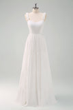 White A-Line Spaghetti Straps Pleated Long Wedding Dress with Bow