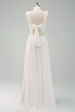 White A-Line Spaghetti Straps Pleated Long Wedding Dress with Bow