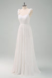 White A-Line Spaghetti Straps Pleated Long Wedding Dress with Bow