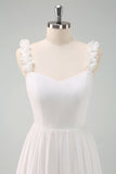 White A-Line Spaghetti Straps Pleated Long Wedding Dress with Bow