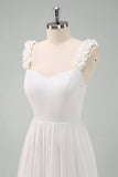 White A-Line Spaghetti Straps Pleated Long Wedding Dress with Bow