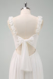 White A-Line Spaghetti Straps Pleated Long Wedding Dress with Bow