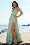 Elegant Dusty Sage A-Line Halter Ruched Chiffon Floor Length Bridesmaid Dress with Slit