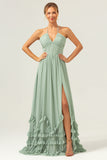 Dusty Sage A Line Halter Ruched Chiffon Long Bridesmaid Dress with Slit