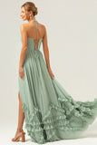 Dusty Sage A Line Halter Ruched Chiffon Ruffle Long Bridesmaid Dress with Slit