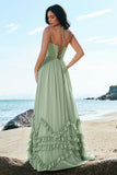 Elegant Dusty Sage A-Line Halter Ruched Chiffon Floor Length Bridesmaid Dress with Slit