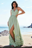 Elegant Dusty Sage A-Line Halter Ruched Chiffon Floor Length Bridesmaid Dress with Slit