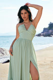 Elegant Dusty Sage A-Line Halter Ruched Chiffon Floor Length Bridesmaid Dress with Slit