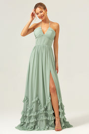 Dusty Sage A Line Halter Ruched Chiffon Long Bridesmaid Dress with Slit