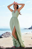 Elegant Dusty Sage A-Line Halter Ruched Chiffon Floor Length Bridesmaid Dress with Slit