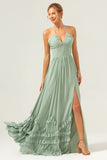 Dusty Sage A Line Halter Ruched Chiffon Long Bridesmaid Dress with Slit