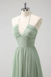 Dusty Sage A Line Halter Ruched Chiffon Ruffle Long Bridesmaid Dress with Slit