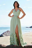 Elegant Dusty Sage A-Line Halter Ruched Chiffon Floor Length Bridesmaid Dress with Slit