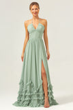 Dusty Sage A Line Halter Ruched Chiffon Long Bridesmaid Dress with Slit