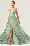 Dusty Sage A Line Halter Ruched Chiffon Long Bridesmaid Dress with Slit