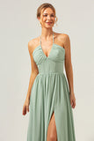 Dusty Sage A Line Halter Ruched Chiffon Long Bridesmaid Dress with Slit