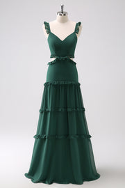 Dark Green A Line Hollow Out Chiffon Ruffle Floor Length Bridesmaid Dress