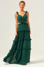 Dark Green A Line Hollow Out Chiffon Ruffle Long Bridesmaid Dress