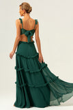 Dark Green A Line Hollow Out Chiffon Ruffle Long Bridesmaid Dress