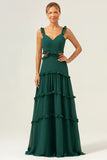 Dark Green A Line Hollow Out Chiffon Ruffle Long Bridesmaid Dress