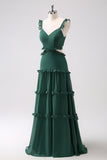 Dark Green A Line Hollow Out Chiffon Ruffle Floor Length Bridesmaid Dress