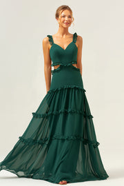 Dark Green A Line Hollow Out Chiffon Ruffle Long Bridesmaid Dress