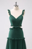 Dark Green A Line Hollow Out Chiffon Ruffle Floor Length Bridesmaid Dress