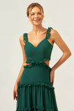 Dark Green A Line Hollow Out Chiffon Ruffle Long Bridesmaid Dress