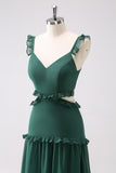 Dark Green A Line Hollow Out Chiffon Ruffle Floor Length Bridesmaid Dress