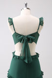 Dark Green A Line Hollow Out Chiffon Ruffle Floor Length Bridesmaid Dress