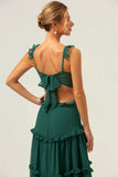 Dark Green A Line Hollow Out Chiffon Ruffle Long Bridesmaid Dress