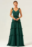 Dark Green A Line Hollow Out Chiffon Ruffle Long Bridesmaid Dress