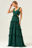 Dark Green A Line Hollow Out Chiffon Ruffle Long Bridesmaid Dress