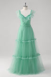 Green A-Line V-Neck Tiered Tulle Long Bridesmaid Dress