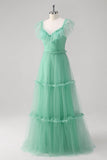 Green A-Line V-Neck Tiered Tulle Long Bridesmaid Dress