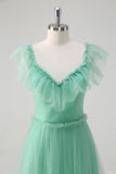 Green A-Line V-Neck Tiered Tulle Long Bridesmaid Dress