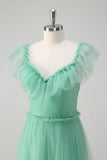 Green A-Line V-Neck Tiered Tulle Long Bridesmaid Dress