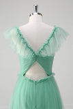 Green A-Line V-Neck Tiered Tulle Long Bridesmaid Dress