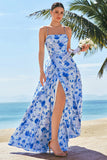 Blue A-Line Spaghetti Straps Lace Up Back Long Print Floral Bridesmaid Dress with Slit