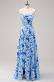 Blue A-Line Spaghetti Straps Lace Up Back Long Print Floral Bridesmaid Dress with Slit